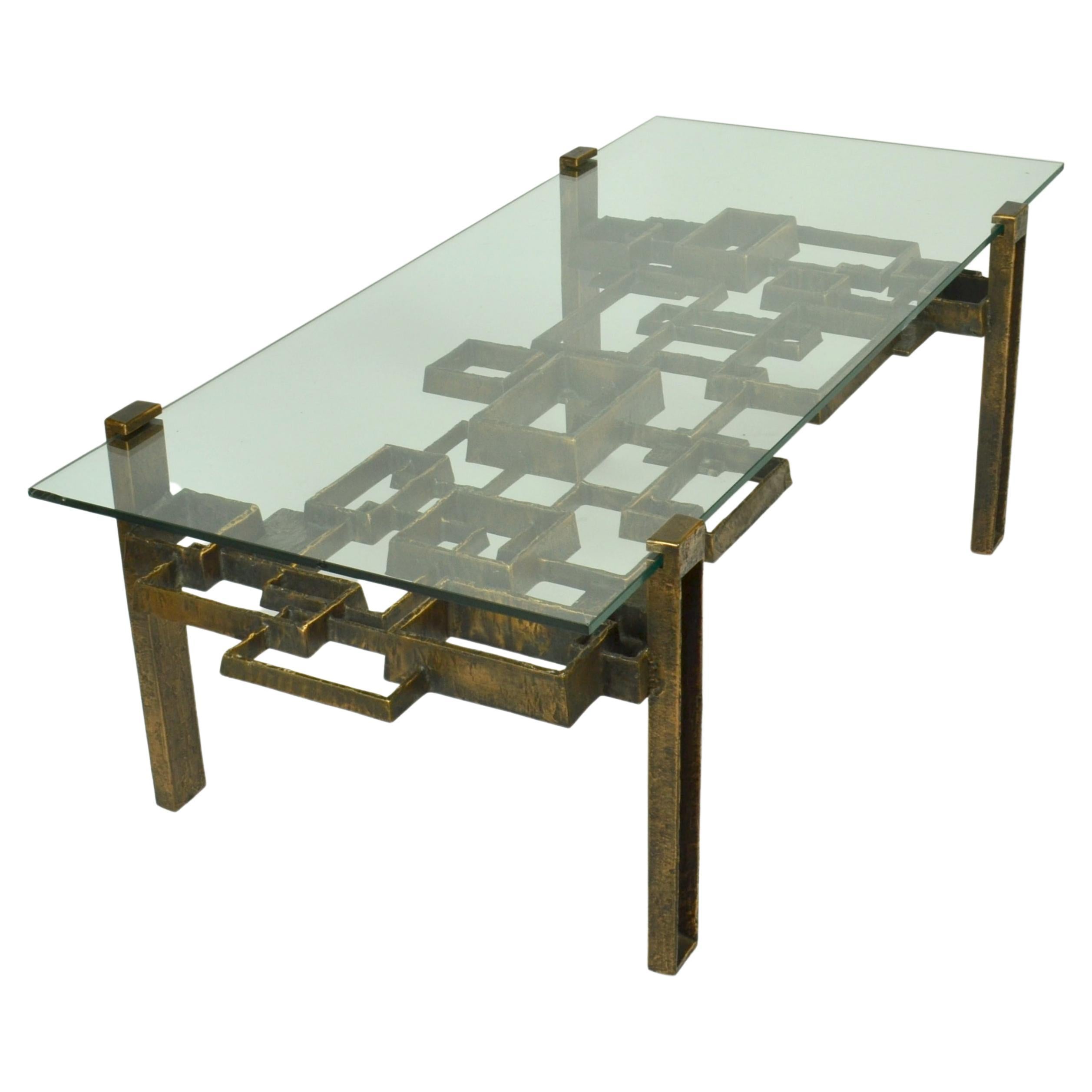 Brutalist Sculpted Bronze Coffee Table with glass Top 1970's For Sale