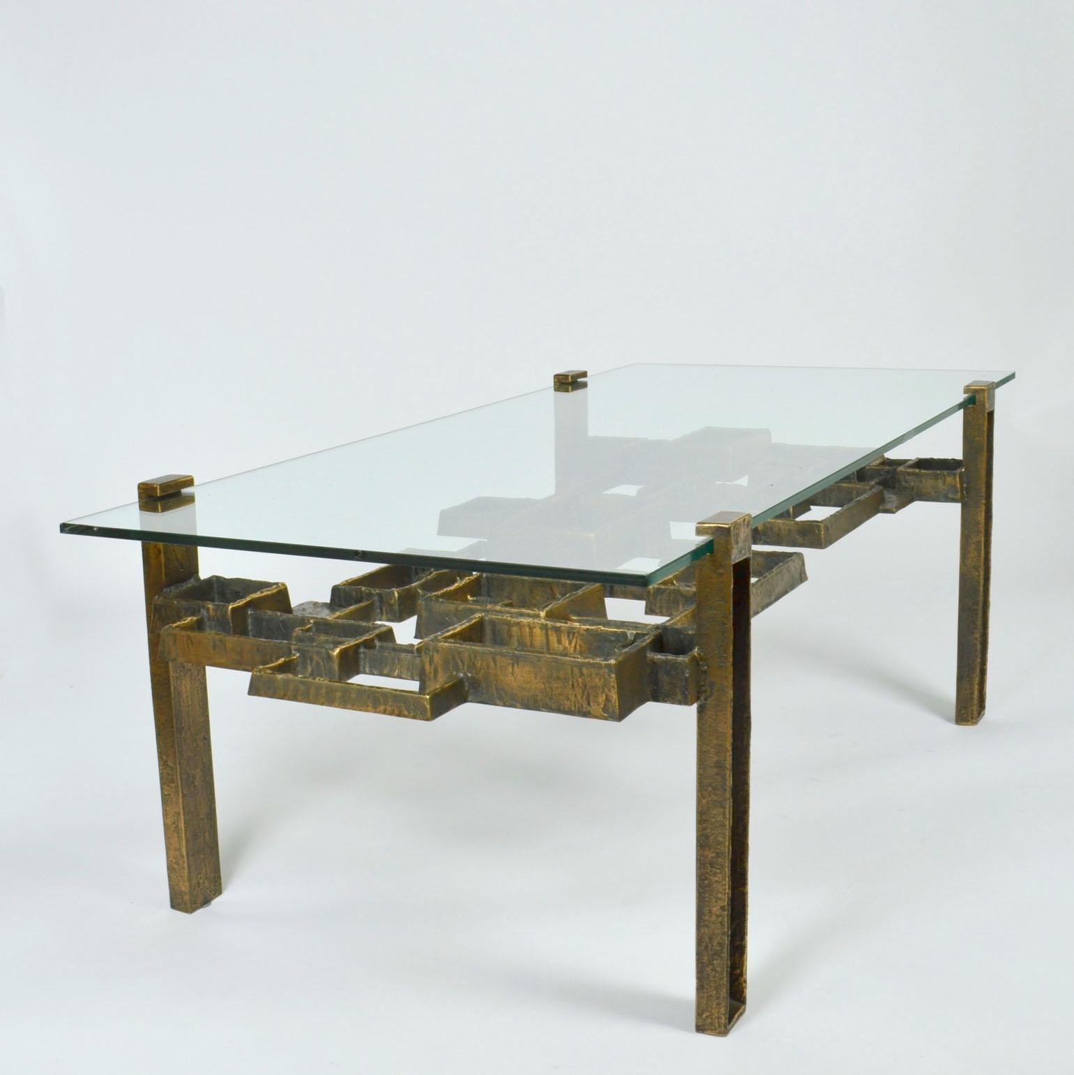 European Sculpted Bronze Coffee Table with glass Top 1970's For Sale