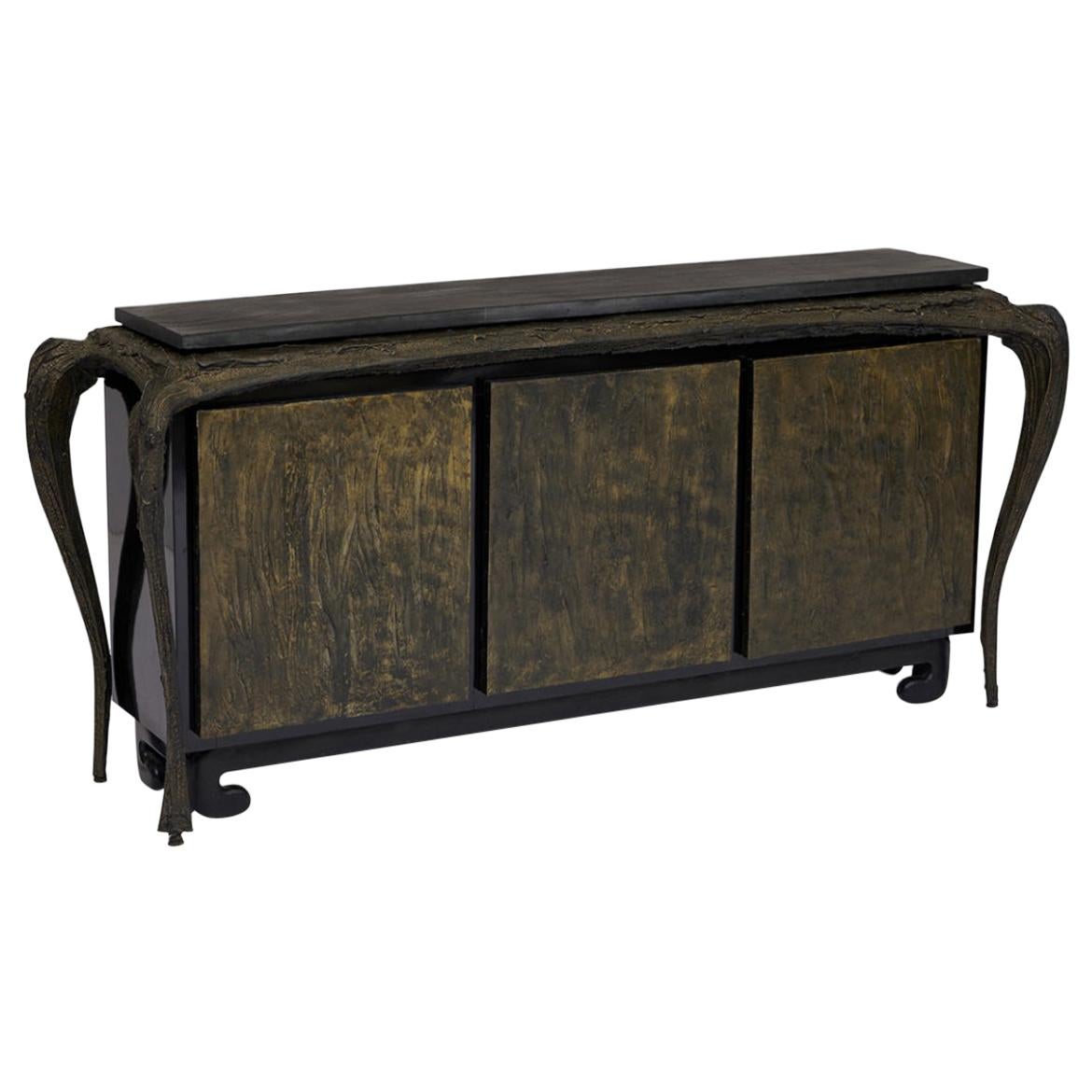Sculpted Bronze Console Table and Cabinet by Paul Evans