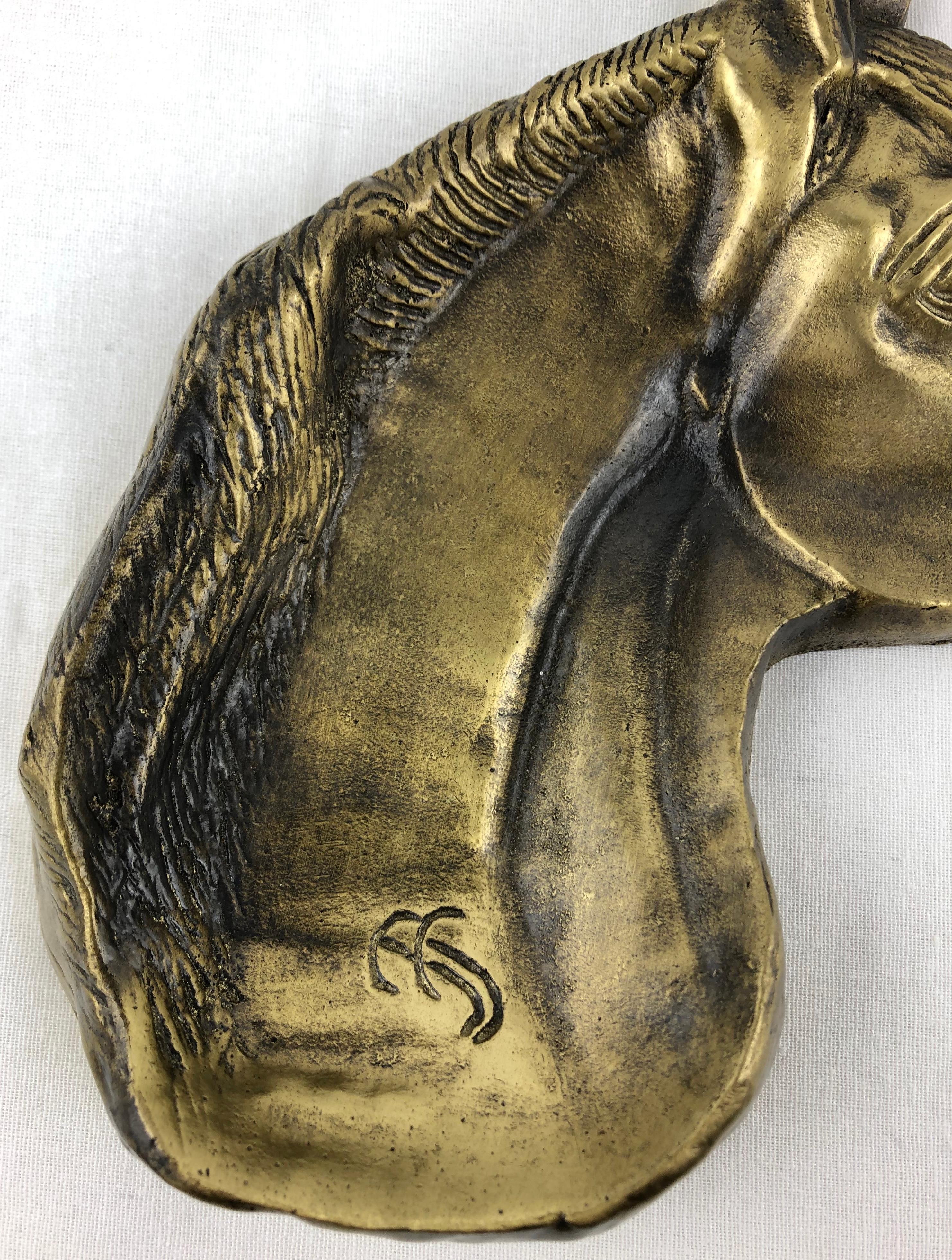 French Sculpted Bronze Horse Head Key Holder or Vide Poche, Signed For Sale