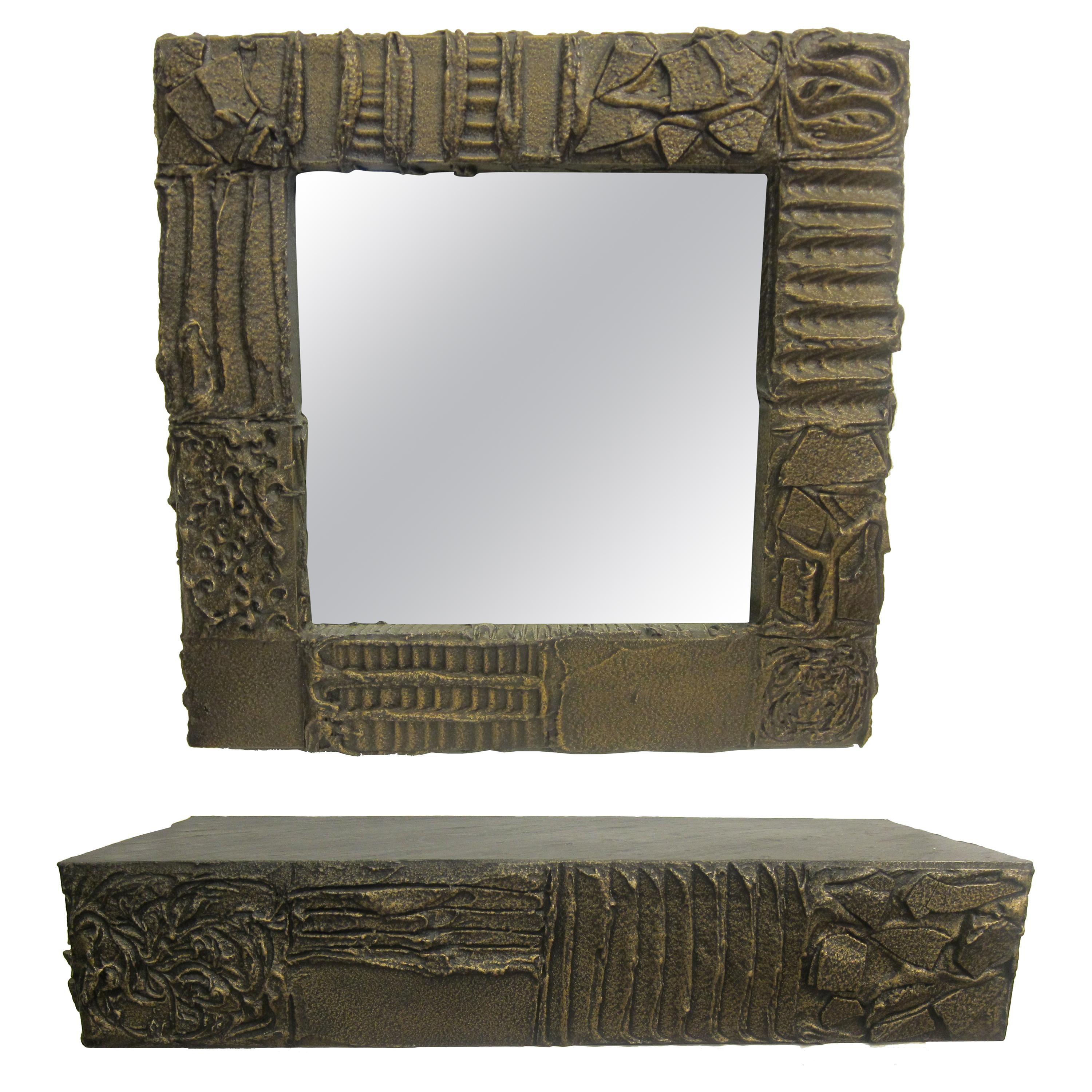 Sculpted Bronze Mirror and Wall Mounted Console by Paul Evans