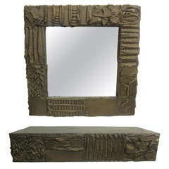 Miroir en bronze sculpté et console murale de Paul Evans