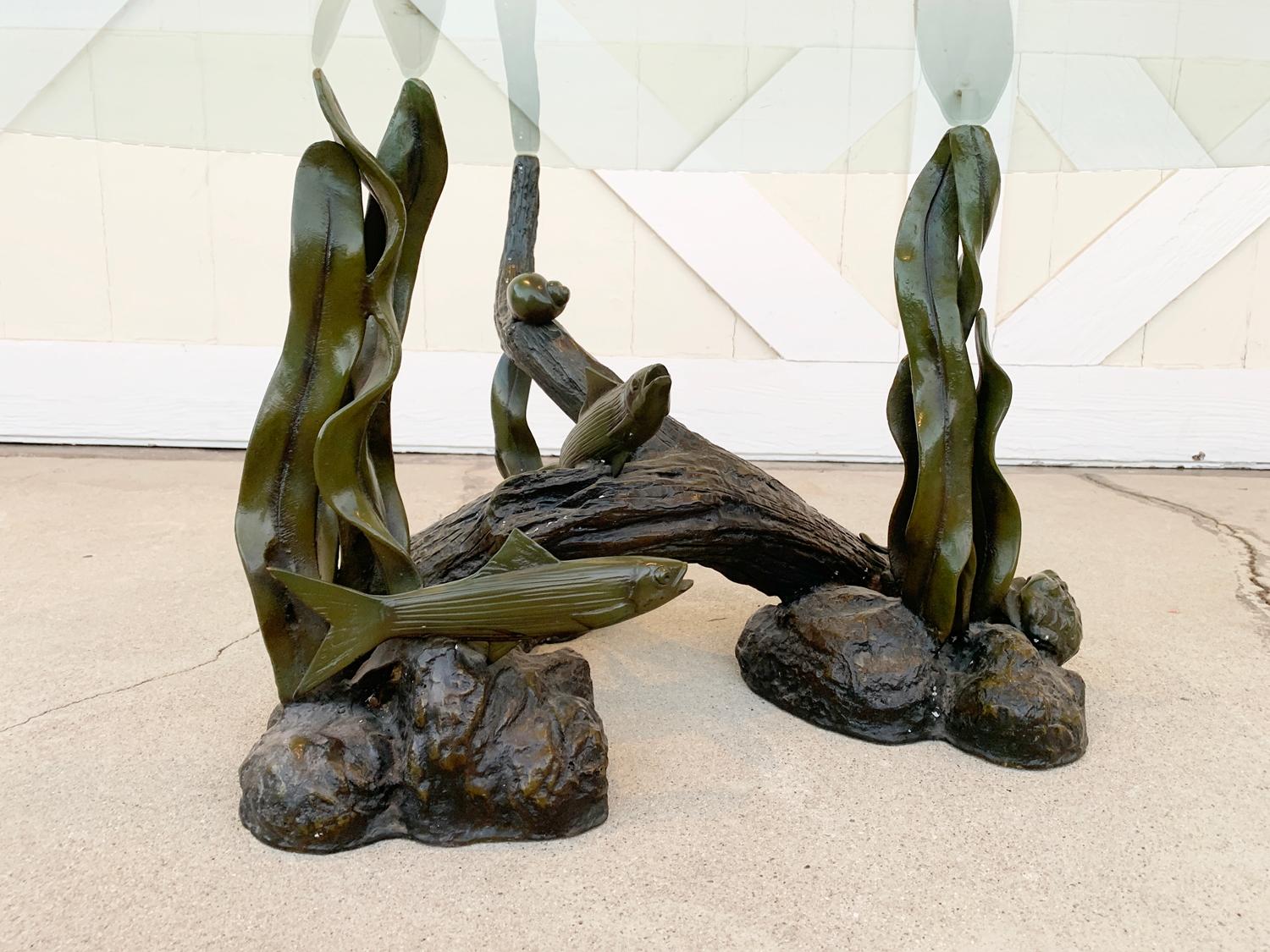 Sculpted Bronze Sea Creatures Coffee Table with a Chiseled Glass Top For Sale 3