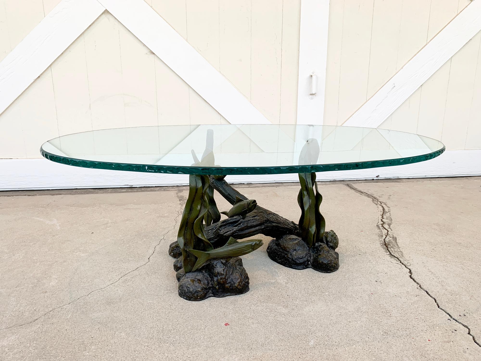 Sculpted Bronze Sea Creatures Coffee Table with a Chiseled Glass Top For Sale 9