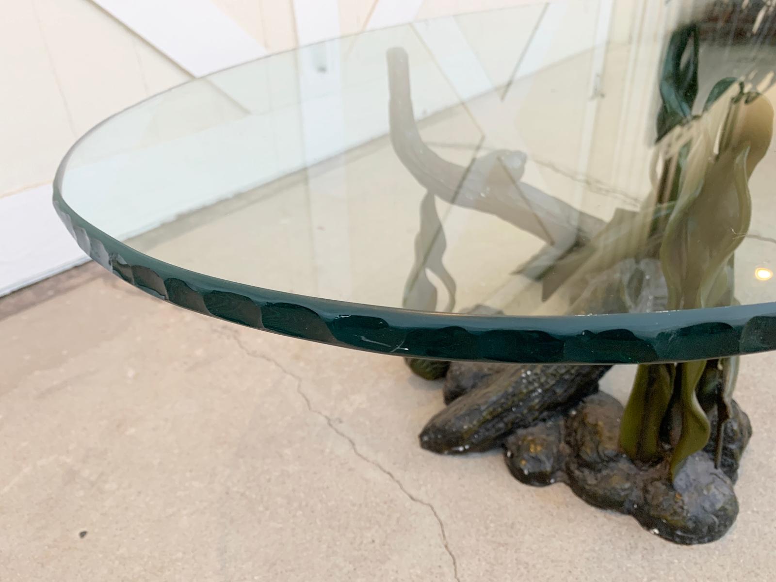 American Sculpted Bronze Sea Creatures Coffee Table with a Chiseled Glass Top For Sale