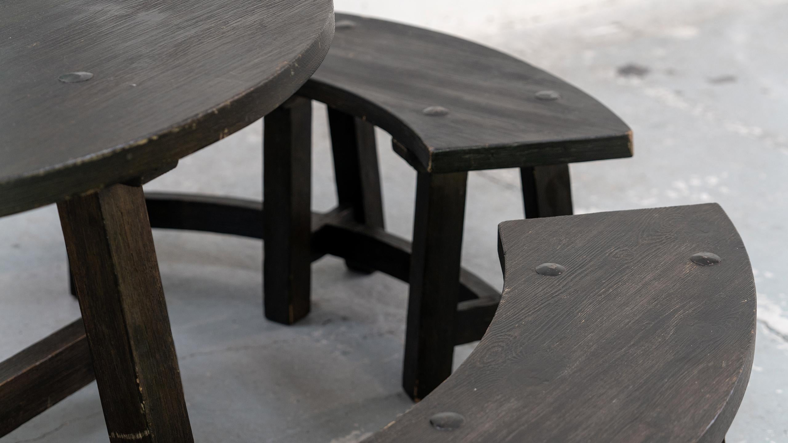 Mid-20th Century Sculpted Brutalist Dining Table & Bench in Solid Ash 1960 Paris Mid Century  For Sale