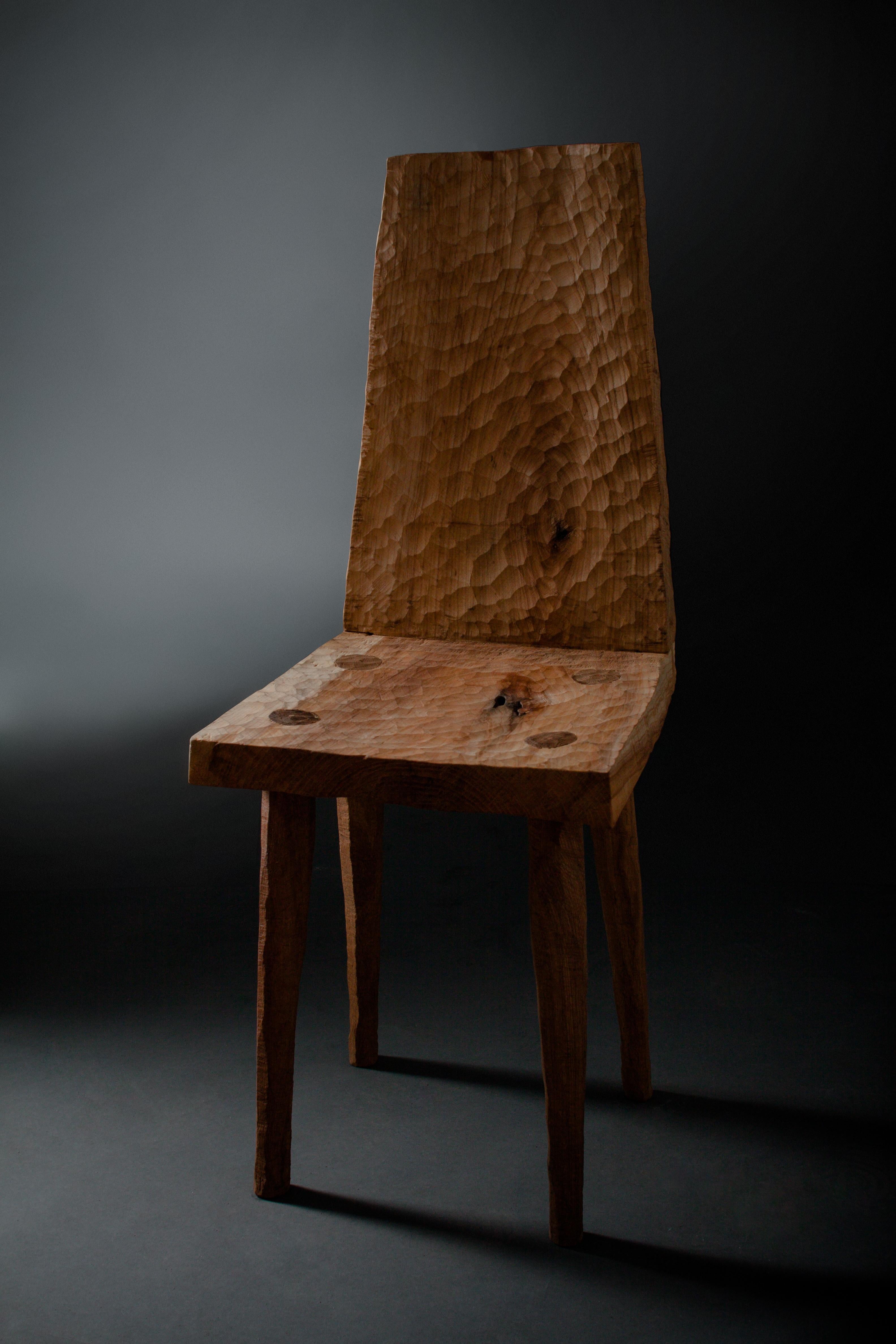 Chair made of solid oak (+ linseed oil)
(Outdoor use OK)

Dimensions: H. 82 x 48 x 48 cm (SH 45 cm)

Warm furniture’s made by Russian designer Denis Milovanov from 