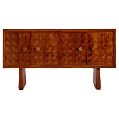 Sculpted Chestnut Sideboard with Diamond-Shaped Inlays, Italy, 1940s