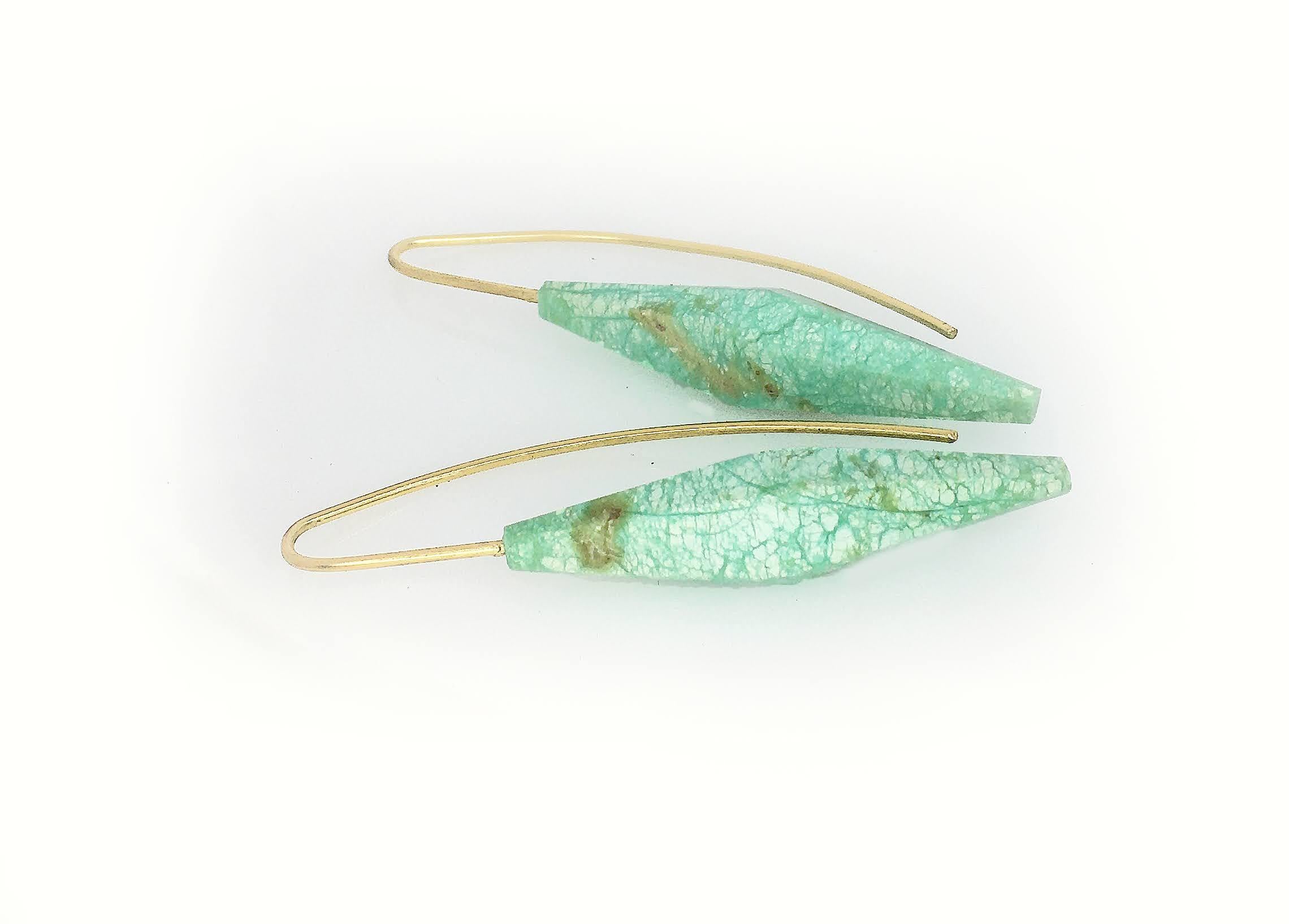 Contemporary Sculpted Chrysoprase Beads on Gold Wire Earrings For Sale