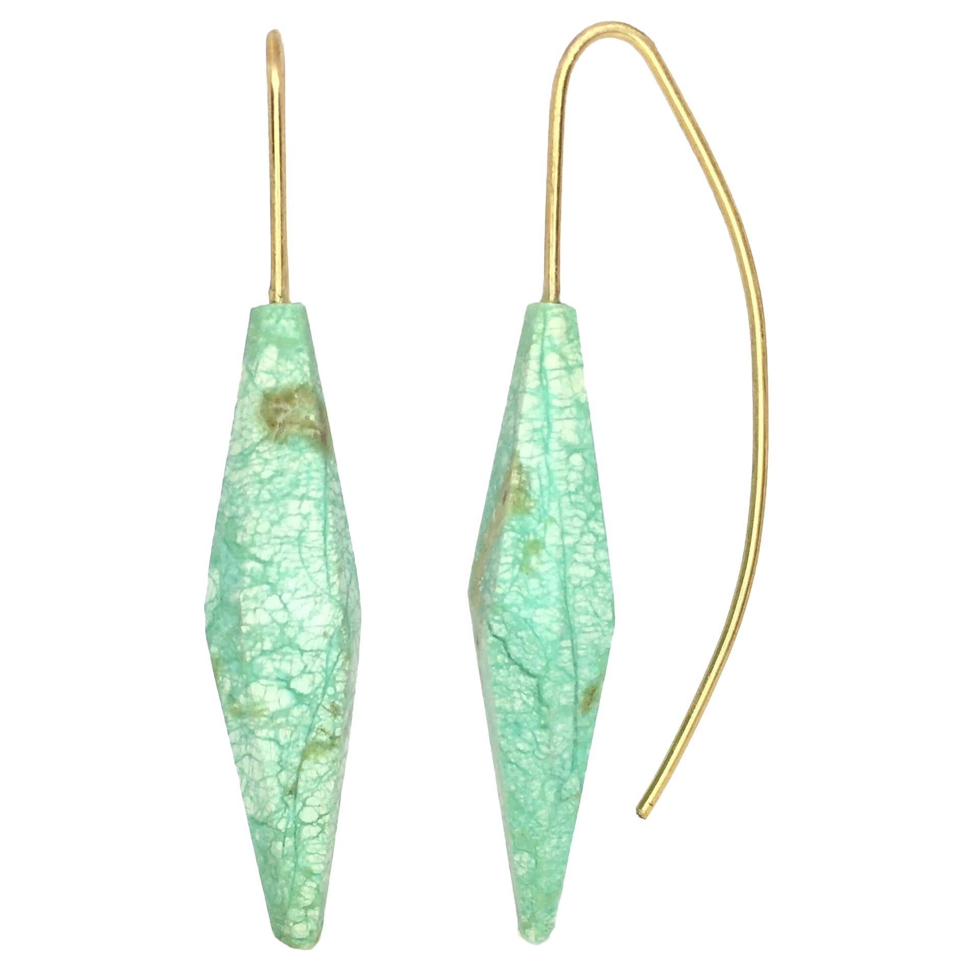 Sculpted Chrysoprase Beads on Gold Wire Earrings For Sale