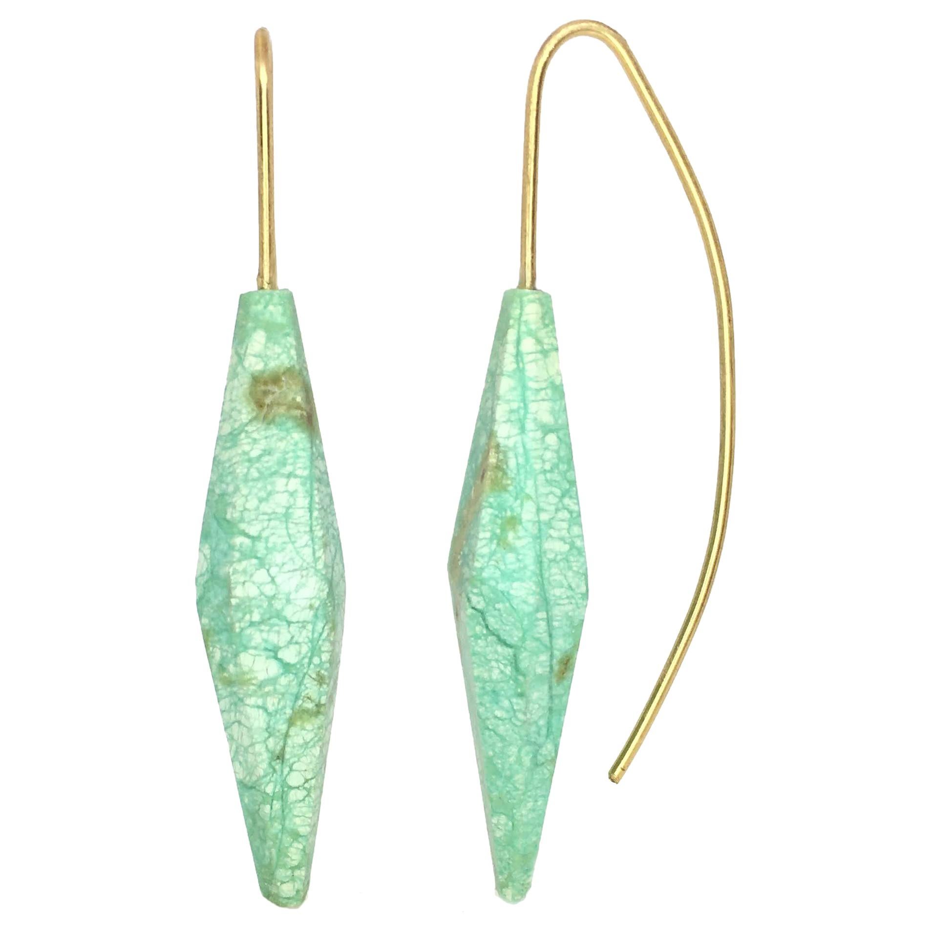 Sculpted Chrysoprase Beads on Gold Wire Earrings For Sale