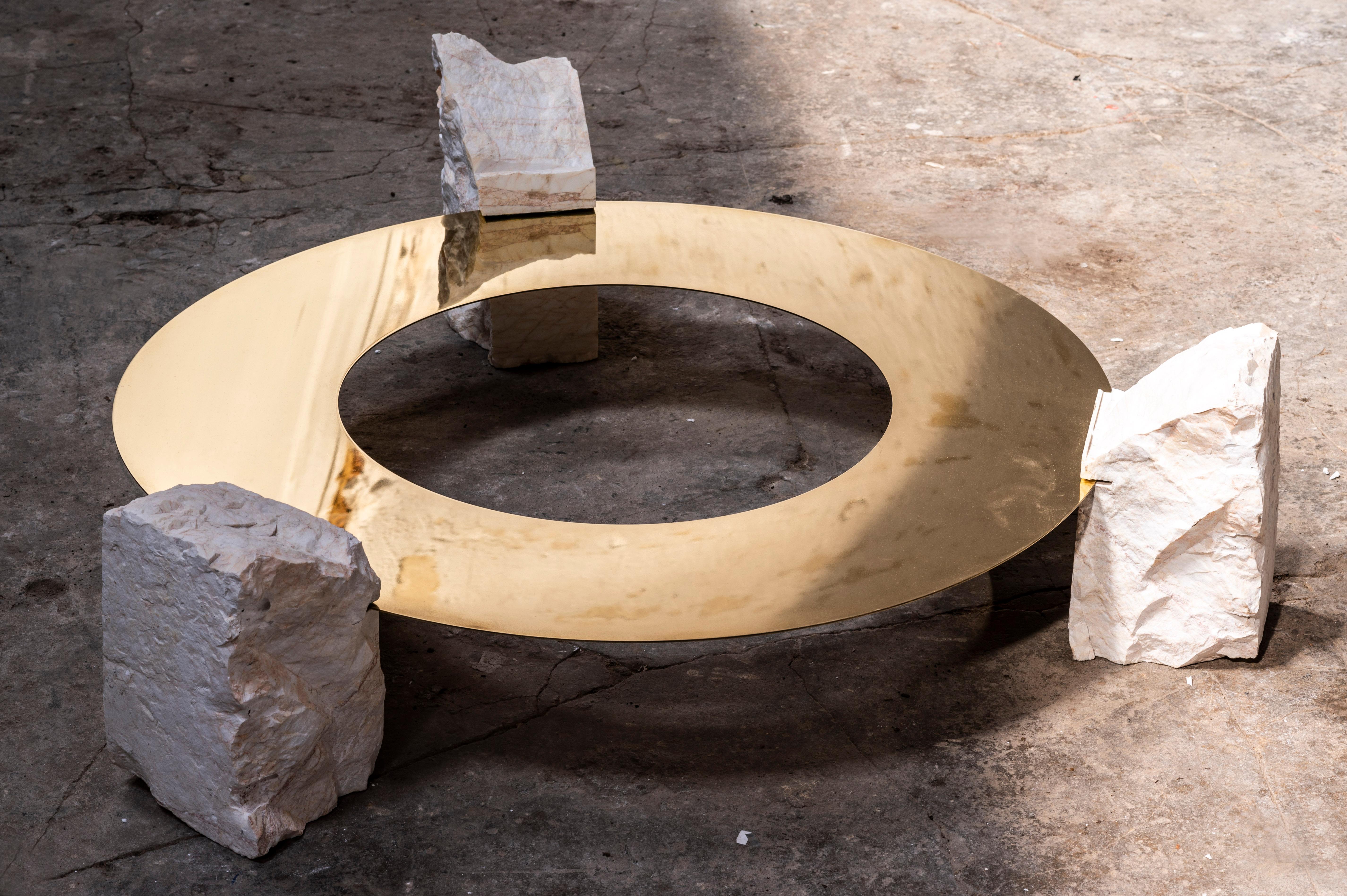 Contemporary Sculpted Coffee Table in Marble and Polished Brass by Desia Ava For Sale