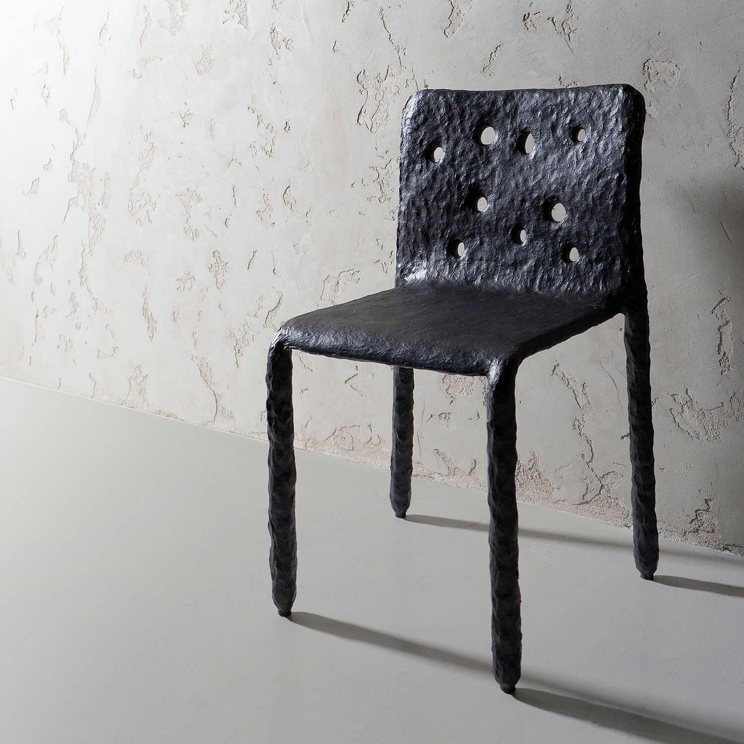 Sculpted Indoor Contemporary Chair by FAINA
Design: Victoriya Yakusha
Material: steel, flax rubber, biopolymer, cellulose
Dimensions: Height: 82 x width 48 x legs depth 45 cm
 Weight: 12 kilos.
(Also available in longer version 240 cm
