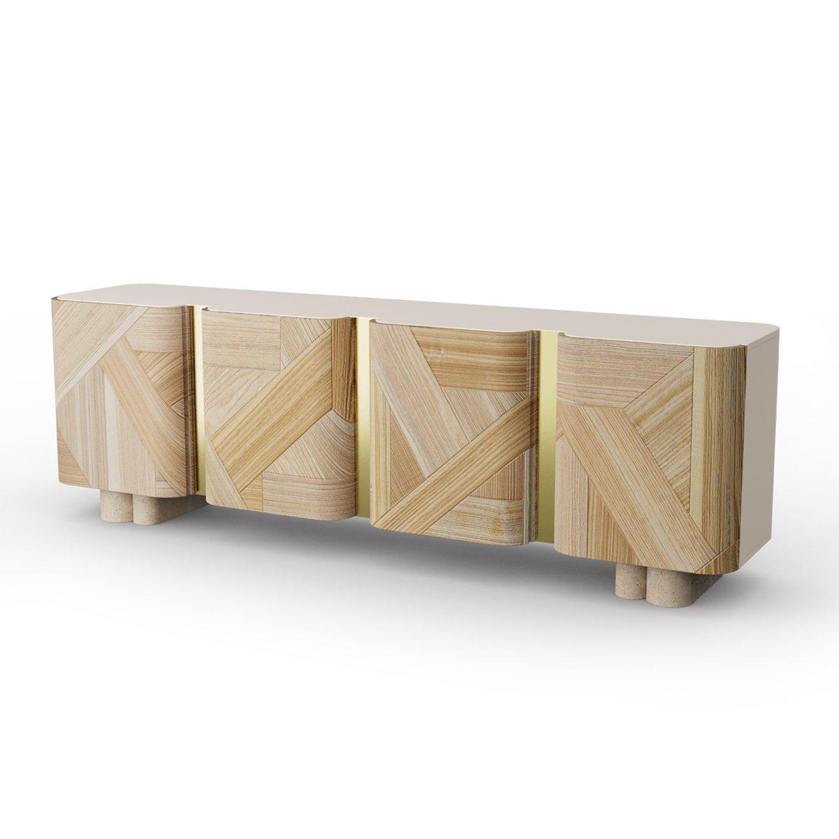 Sculpted contemporary sideboard by Dooq

Dimensions
W 250 x D 55 x H 80 cm

Materials & Finishes
Structure: lacquered MDF
Doors: wood veneer
Feet: natural travertine
Metal applications: polished brass, copper or nickel, or satin brass,