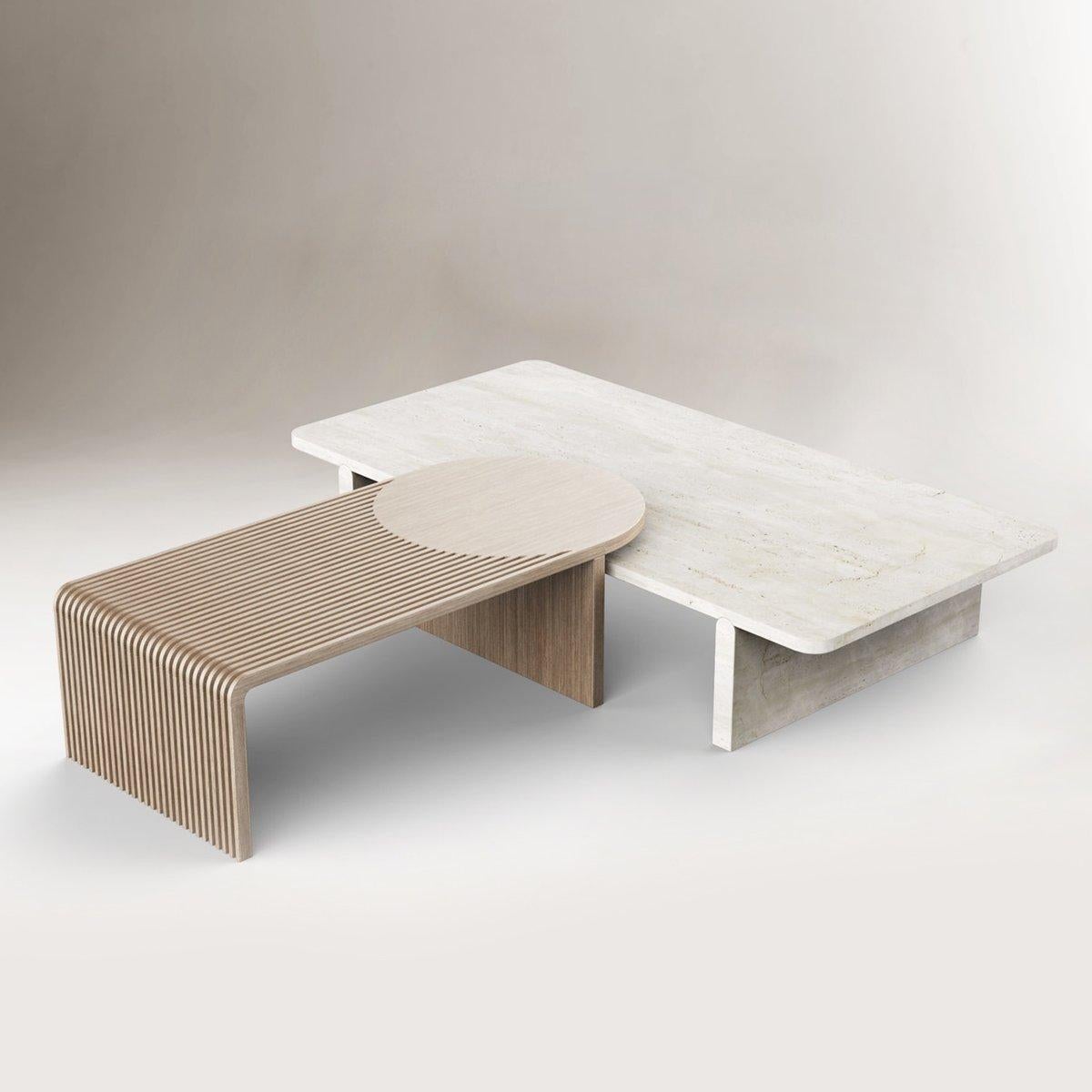 Modern Sculpted Contemporary Travertine and Oak Table by Dooq For Sale