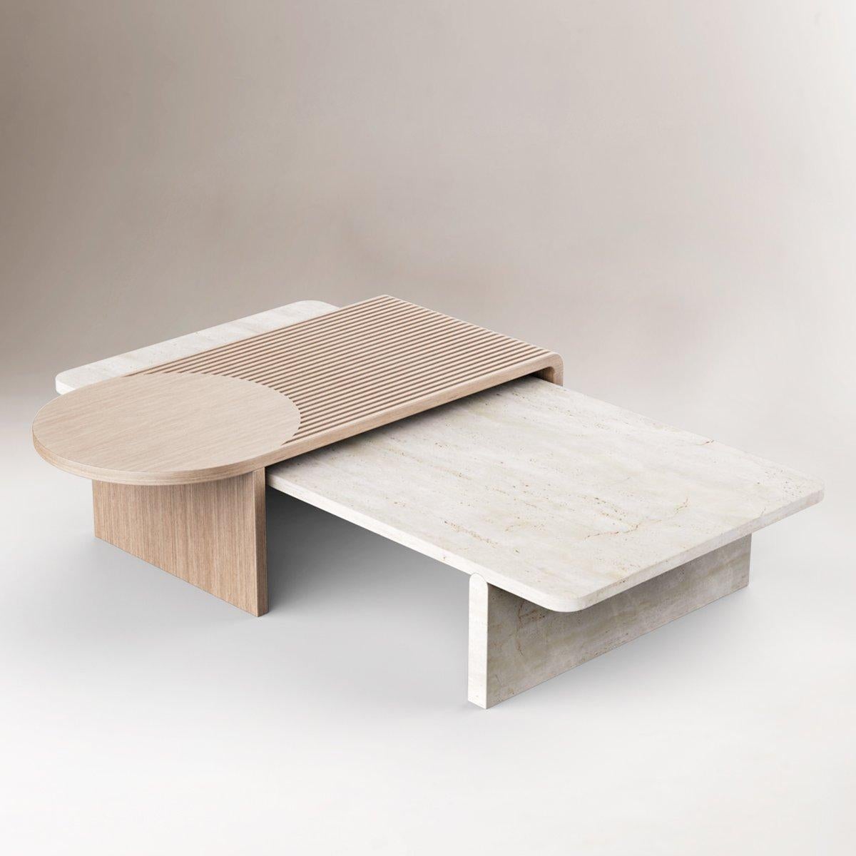 Table contemporaine sculptée en travertin et chêne de Dooq Neuf à Geneve, CH