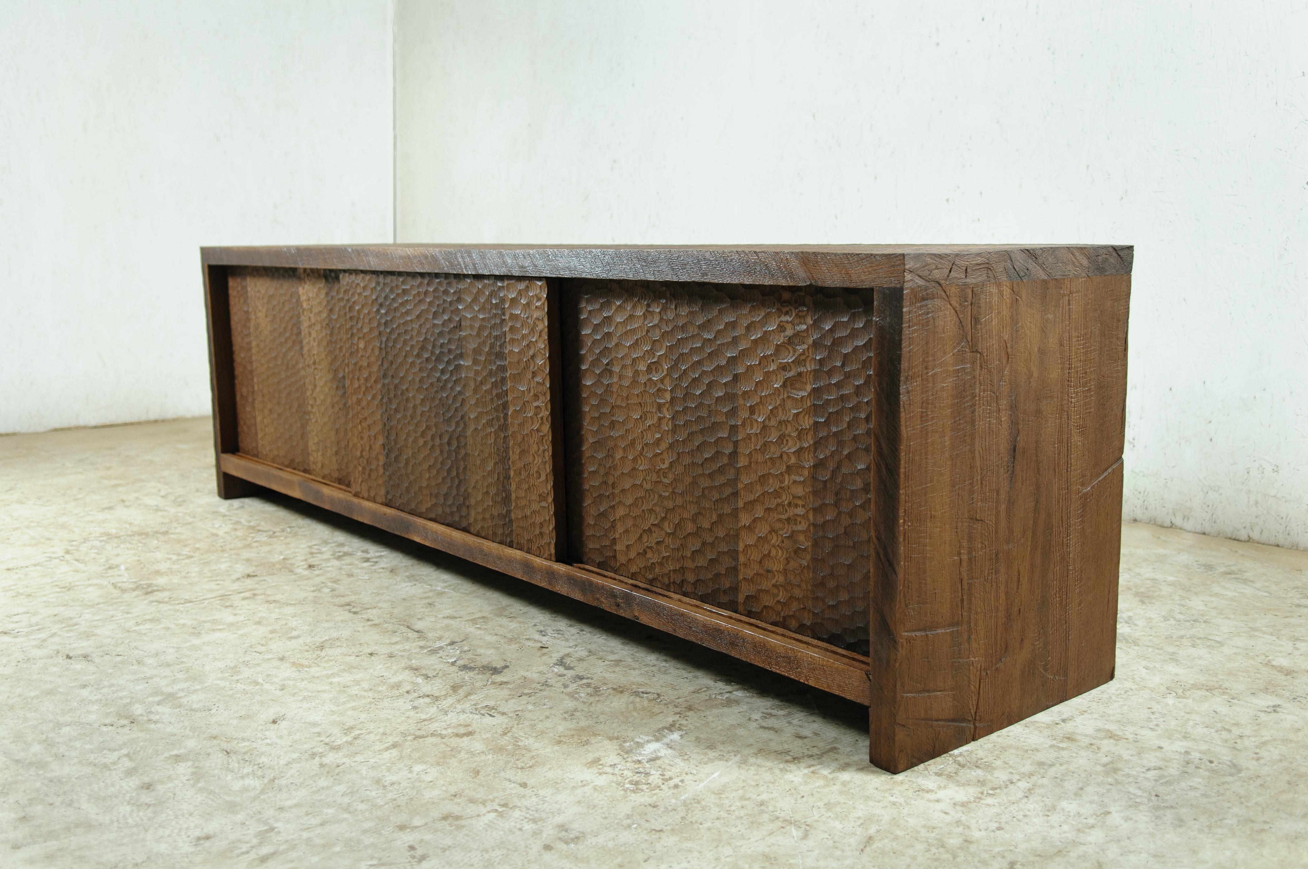 Russian Sculpted Credenza 'Hammered' in Solid Oakwood 'Custom Size' For Sale