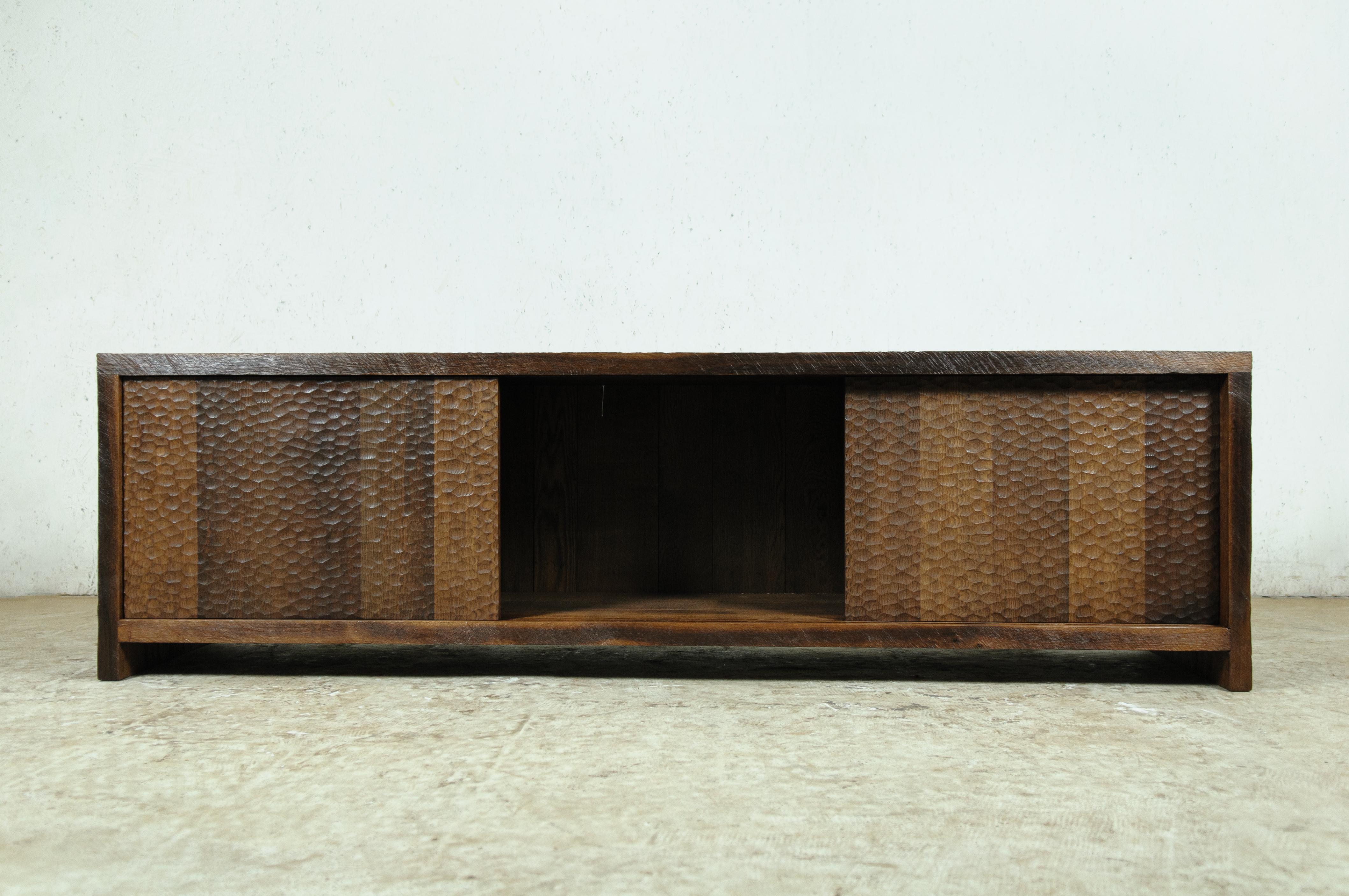 Sculpted Credenza 'Hammered' in Solid Oakwood 'Custom Size' In New Condition For Sale In Paris, FR