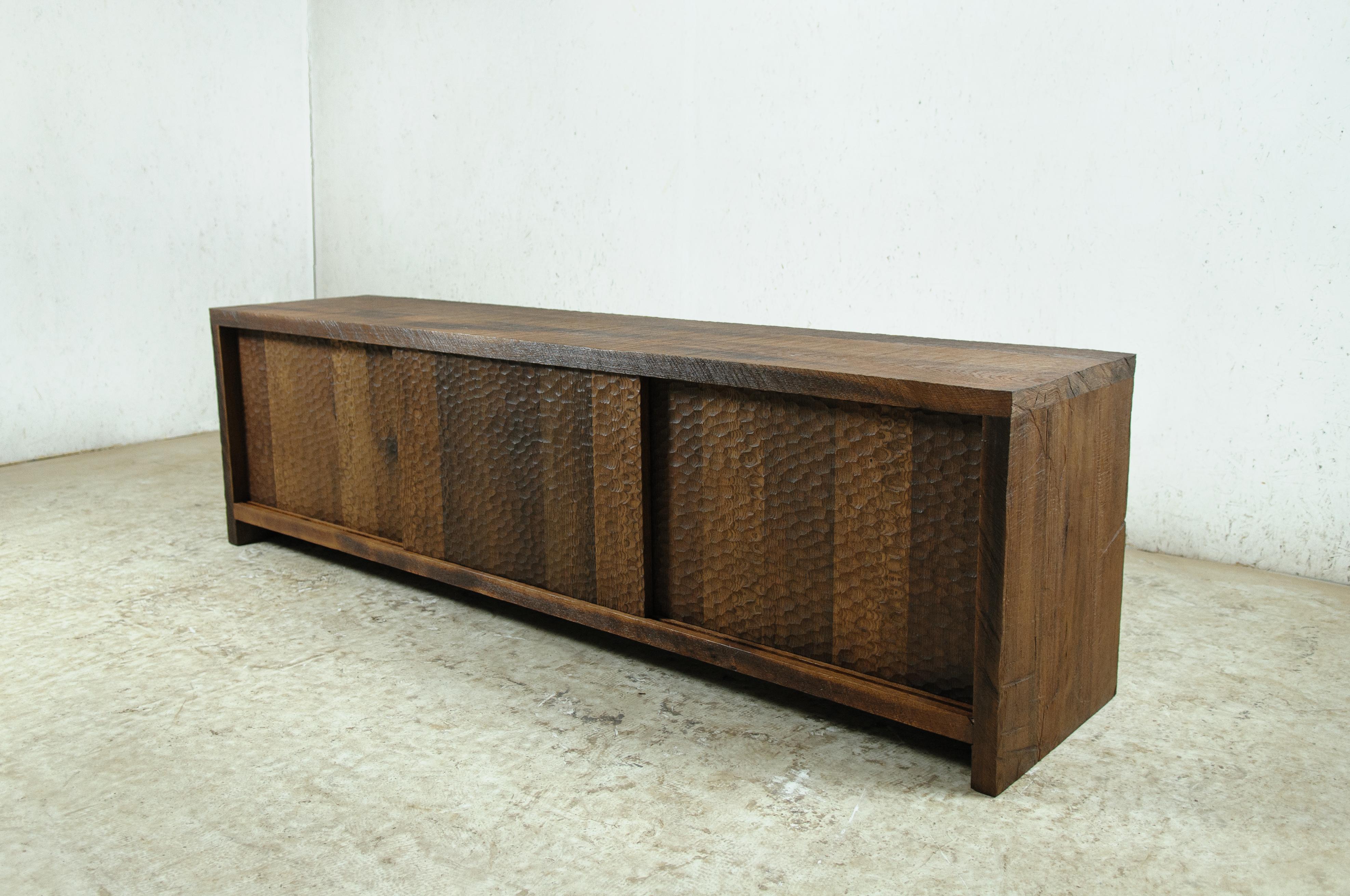 Sculpted Credenza 'Hammered' in Solid Oakwood 'Custom Size' For Sale 1