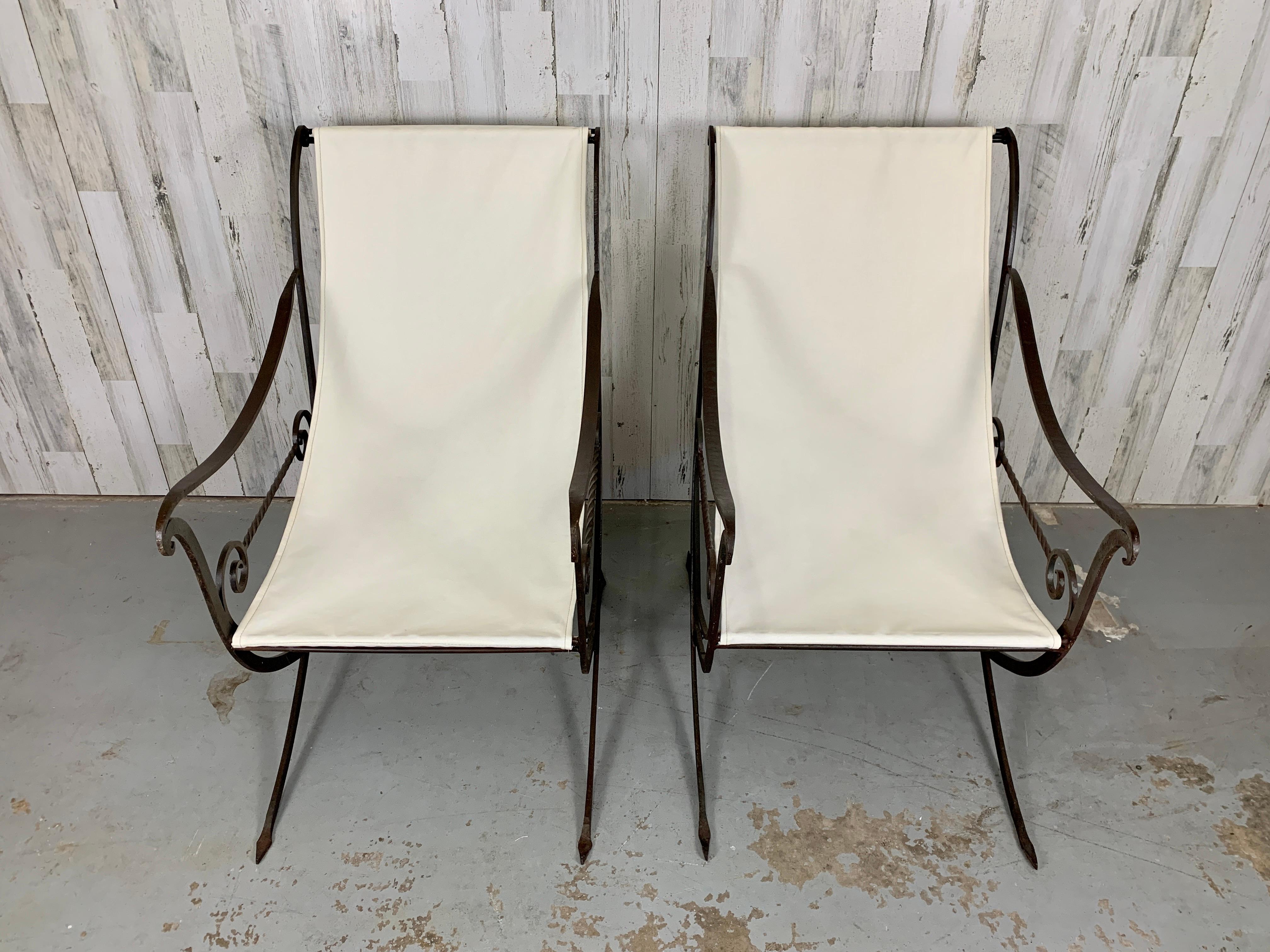 Sculpted Forged Iron Sling Chairs, 1940's In Good Condition For Sale In Denton, TX