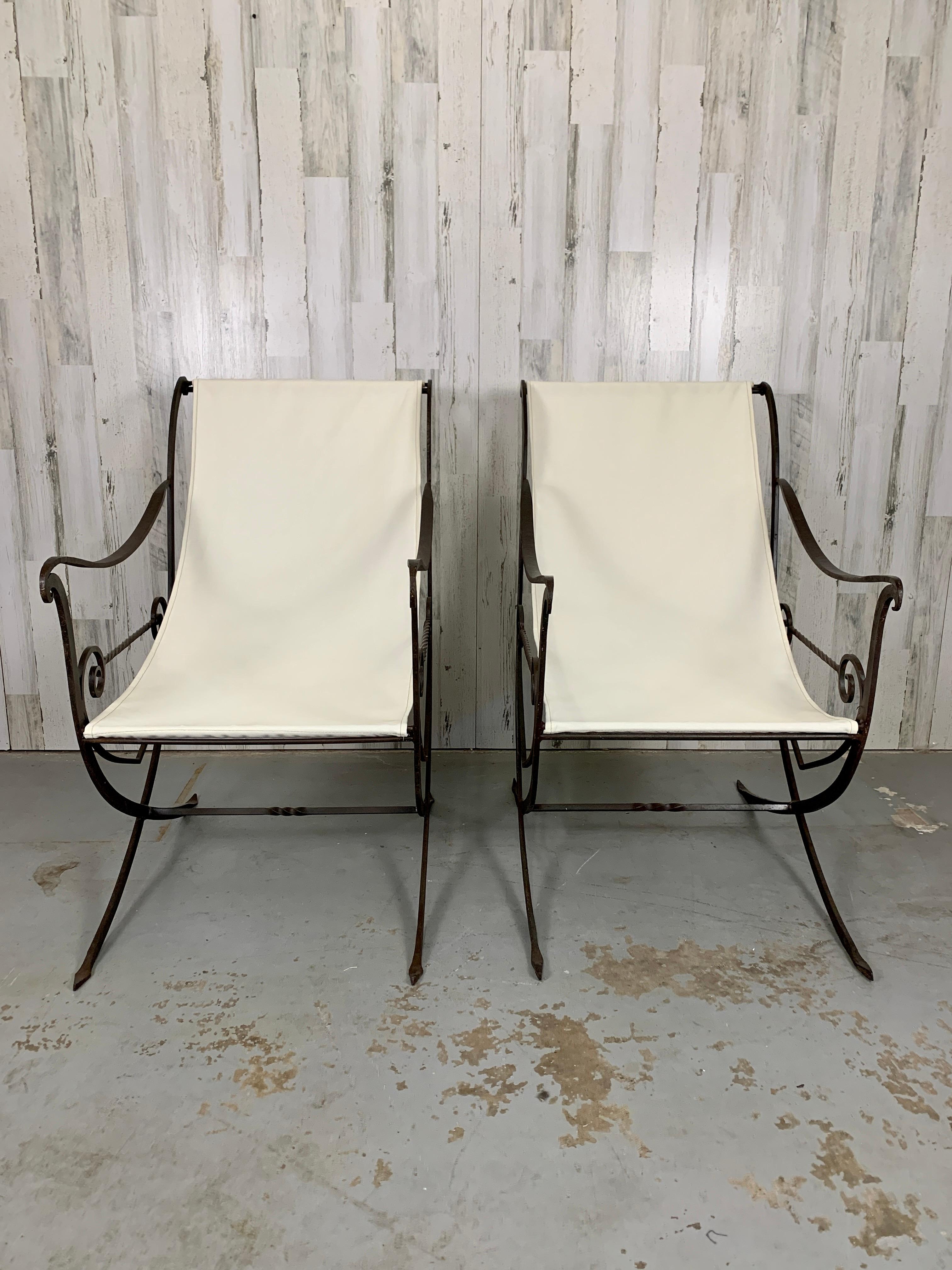 French Sculpted Forged Iron Sling Chairs, 1940's