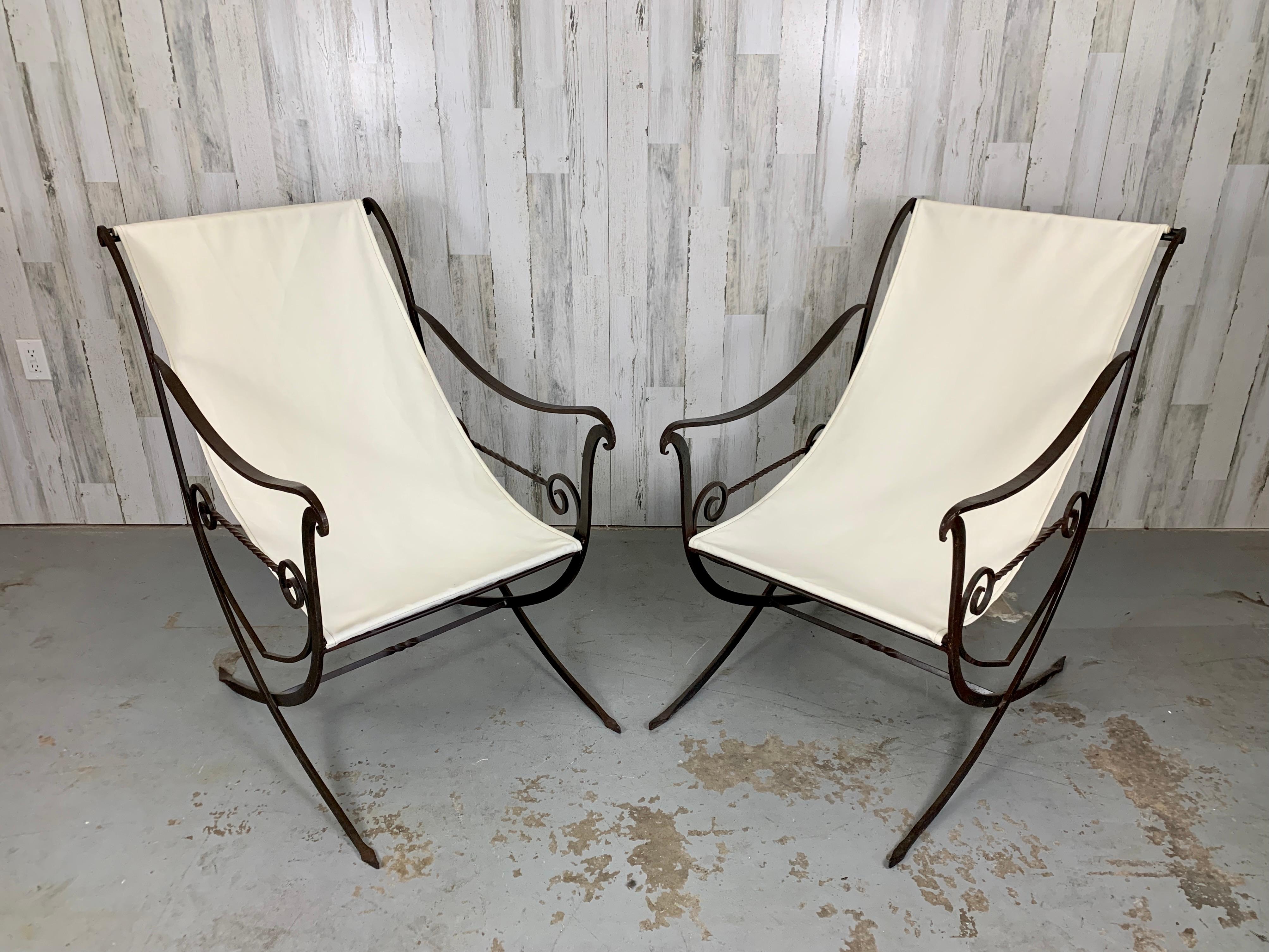 20th Century Sculpted Forged Iron Sling Chairs, 1940's For Sale