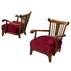 Sculpted French Pair of Armchairs in Oak and Burgundy Velvet Upholstery