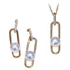【Sculpted Geometry】 Akoya Pearl and Diamond Paperclip Earrings and Pendant Set
