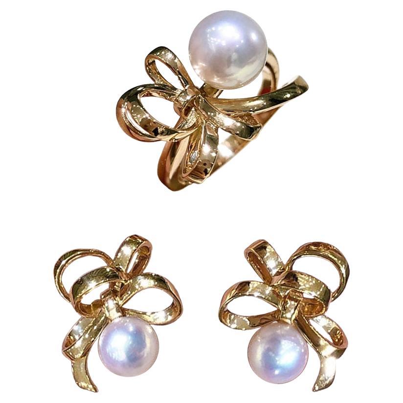 【Sculpted Geometry】 Ribbon Aurora Akoya Pearl Earrings and Ring Set