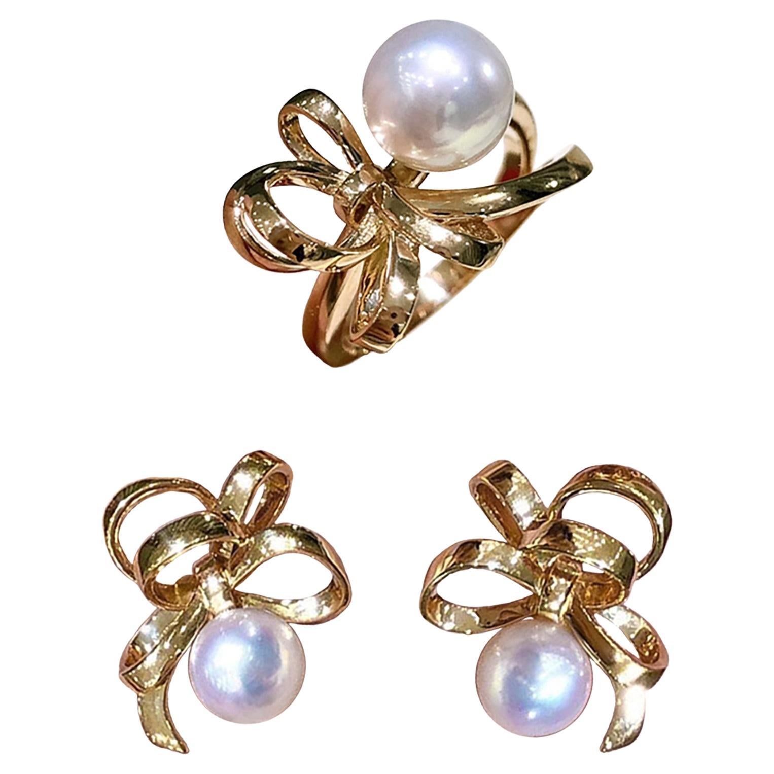 【Geometría Esculpida】 Conjunto de pendientes y anillo de perlas aurora akoya cinta