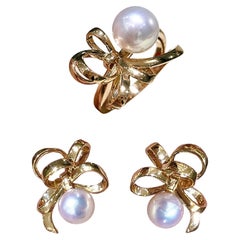 【Geometría Esculpida】 Conjunto de pendientes y anillo de perlas aurora akoya cinta