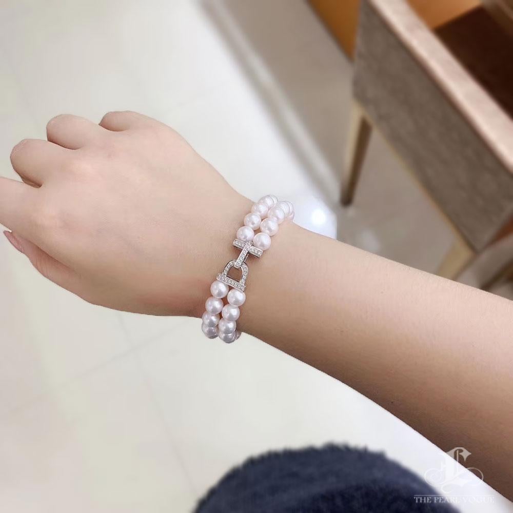 【Sculpted Geometry】Akoya Perle Doppelstrang Diamant-Armband (Ungeschliffen) im Angebot