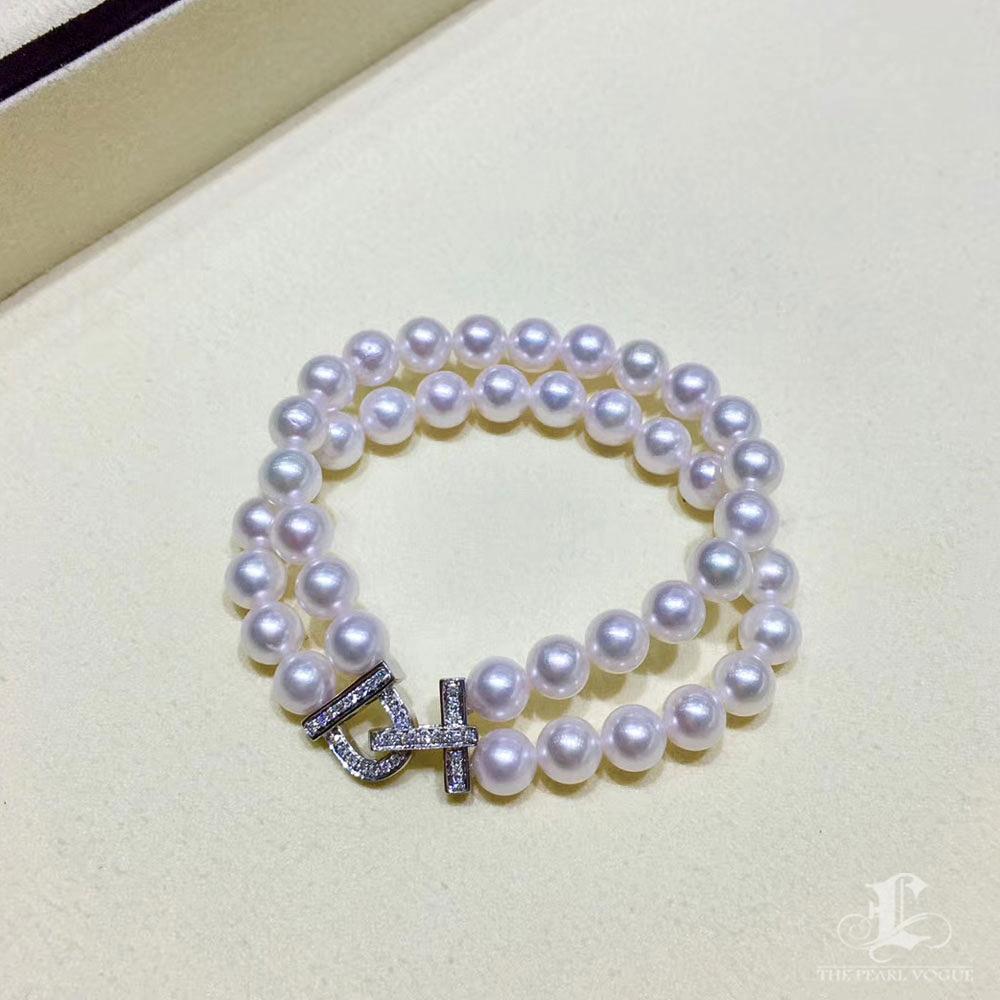 【Sculpted Geometry】Akoya Perle Doppelstrang Diamant-Armband im Angebot 2