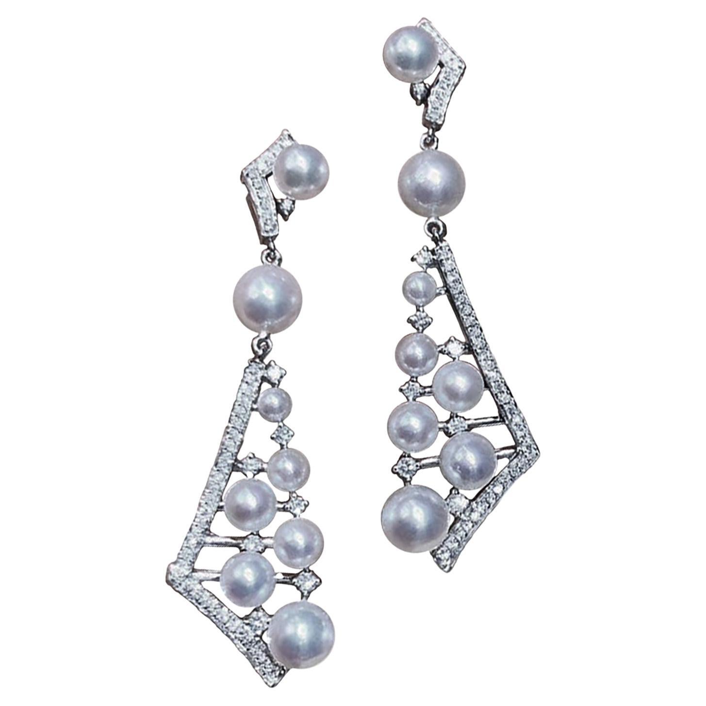 【Sculpted Geometry】Architectural Akoya Pearl 18K Gold Diamond Geometric Earrings
