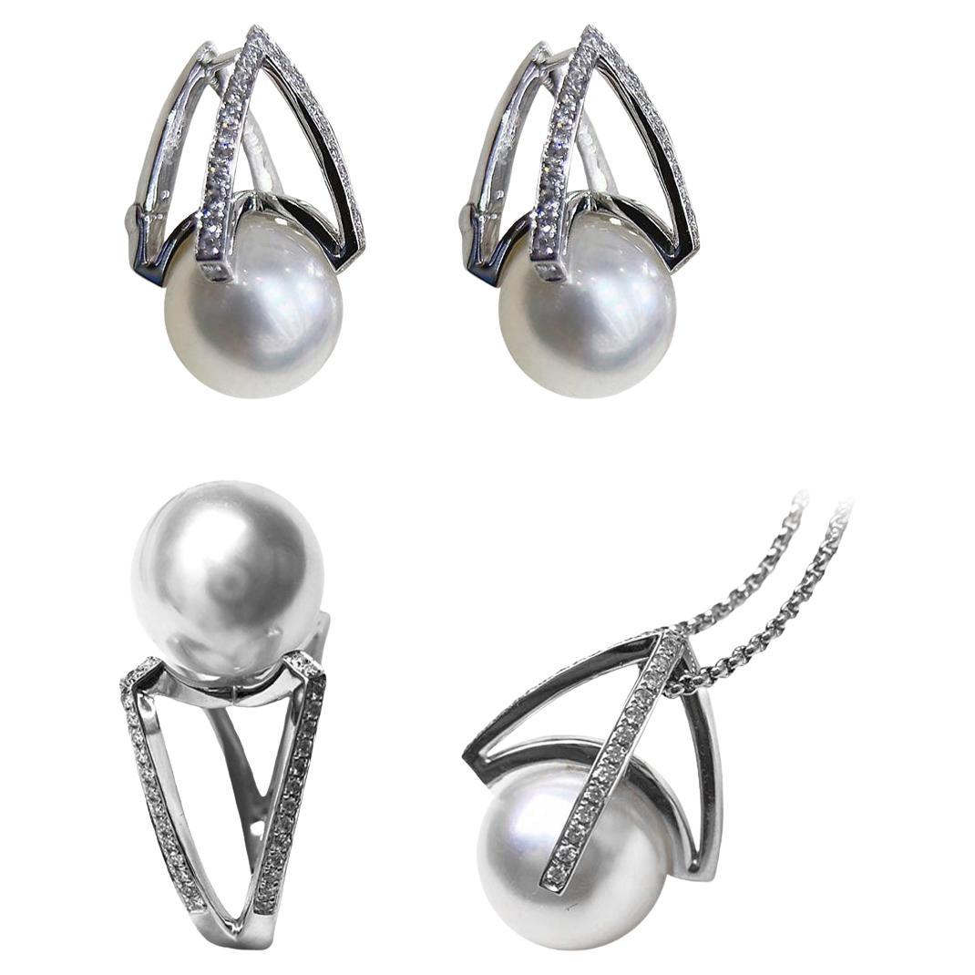 【Sculpted Geometry】Architectural South Sea Pearl & Diamond 3-Piece Set
