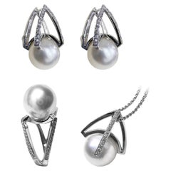 【Sculptée Géométrie】Architecturale Perle des mers du Sud et diamant Ensemble 3 pièces