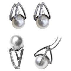 【Sculptée Géométrie】Architecturale Perle des mers du Sud et diamant Ensemble 3 pièces