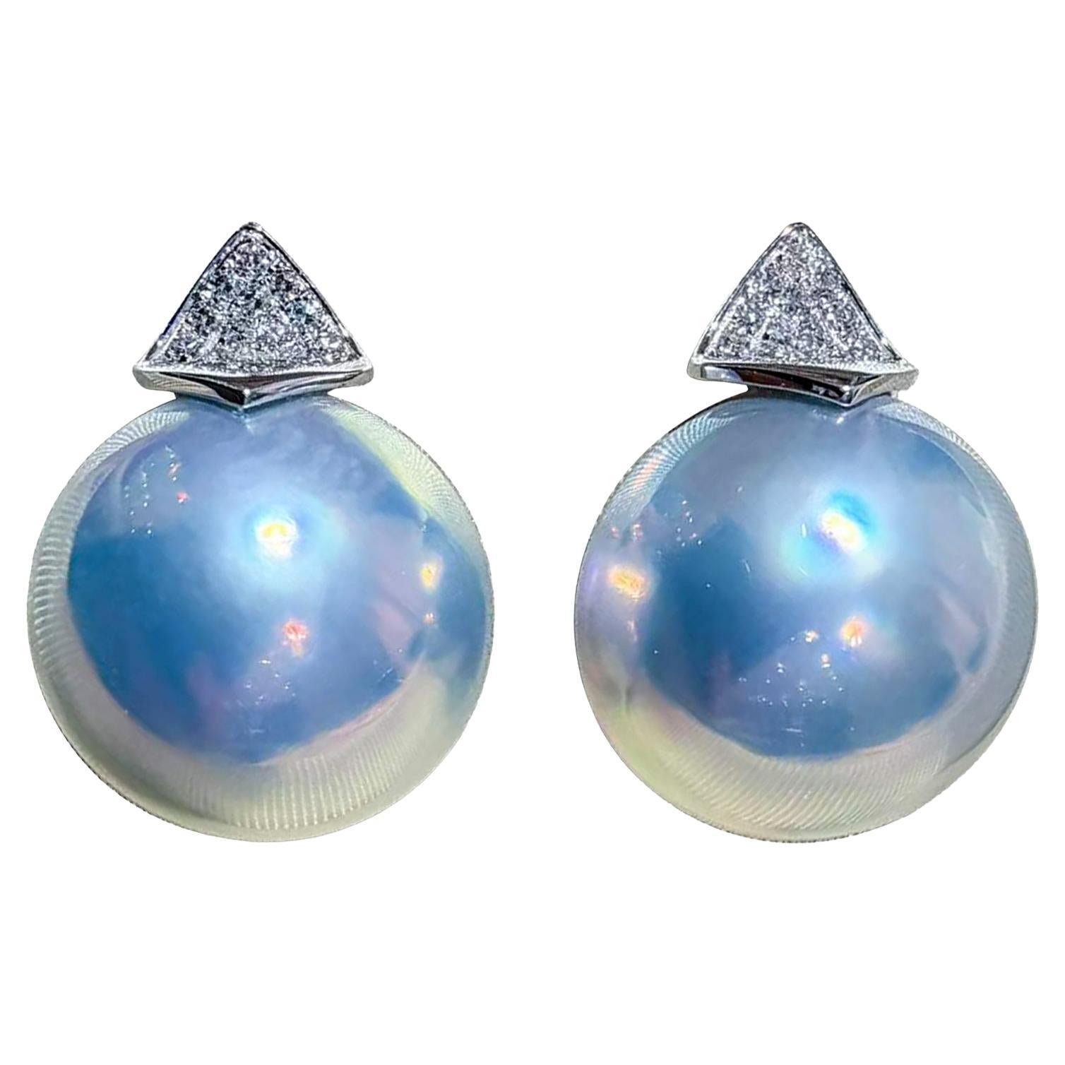 【Geometria scolpita】 Orecchini di perle e diamanti Mabe a cupola blu aurora