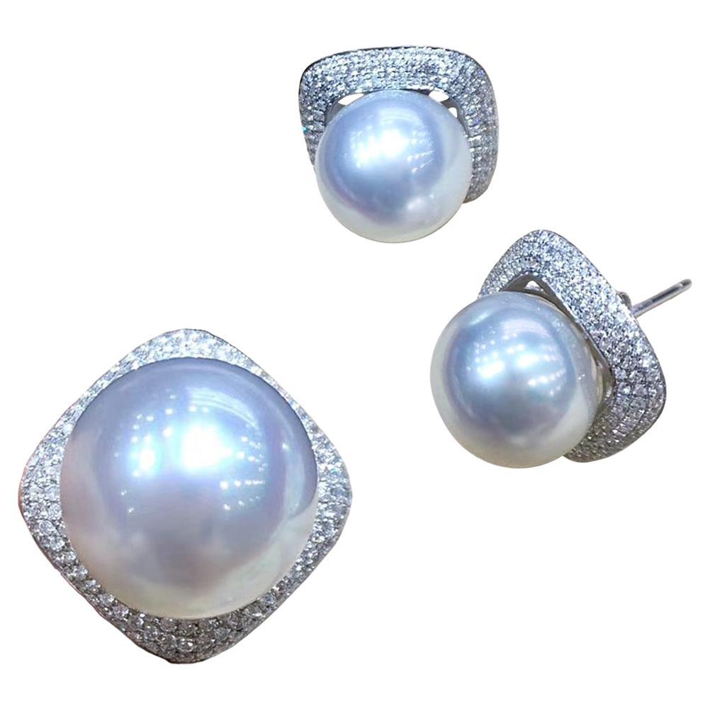 【Sculpted Geometry】Diamond Halo Aurora South Sea Pearl Earrings and Ring Set