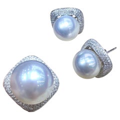【Sculpted Geometry】Diamond Halo Aurora South Sea Pearl Earrings and Ring Set