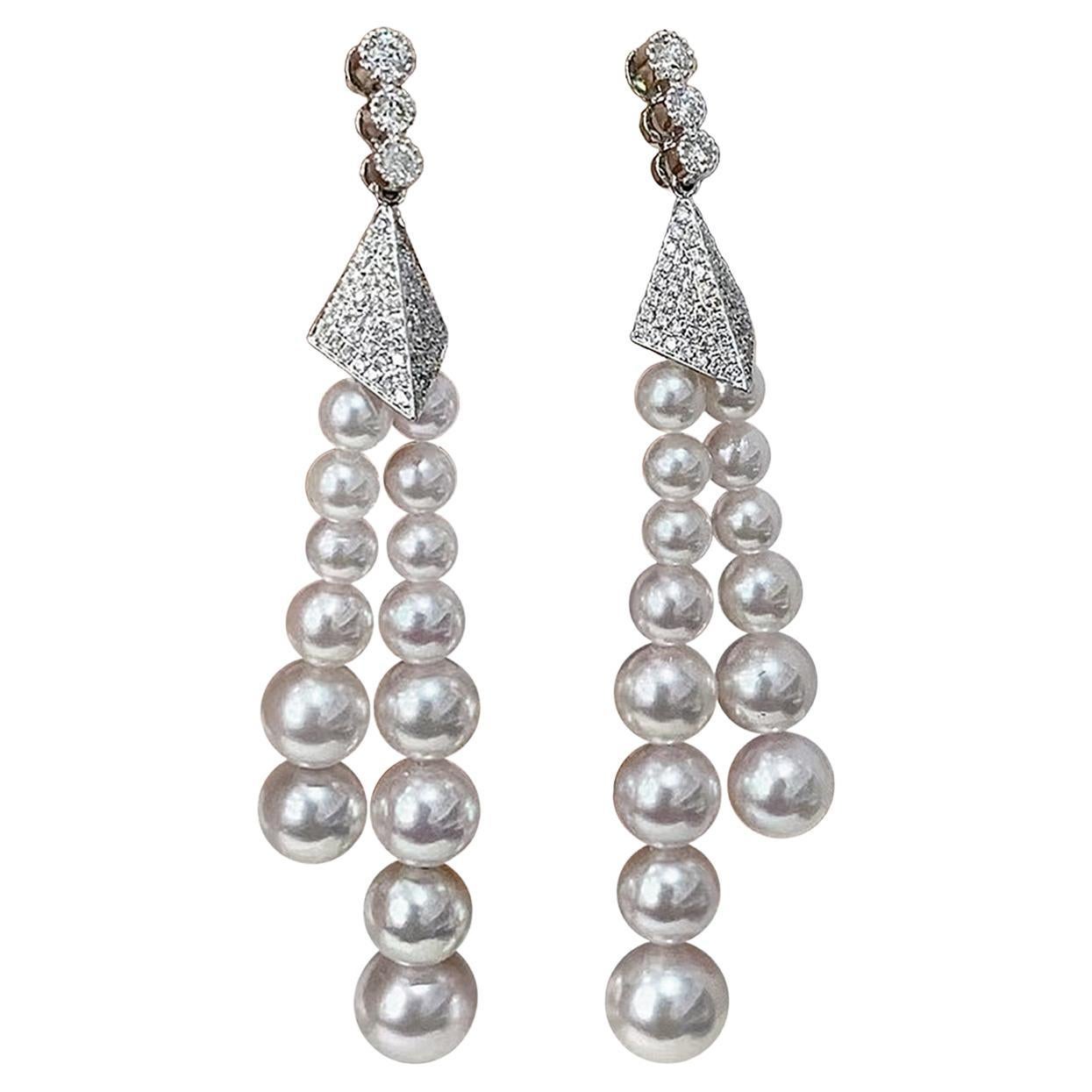 【Geometria scolpita】 Orecchini con perle Akoya e diamanti Aurora Twin Tassel