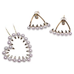 【Sculpted Geometry】Baby Akoya Pearl and 18K Gold Spike Earrings and Pendant Set