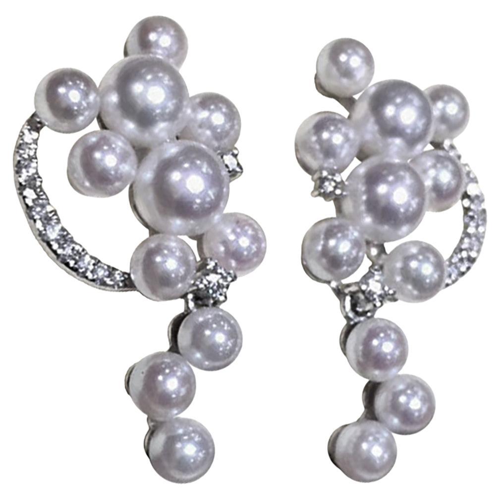 【Geometria scolpita】 Orecchini con perle Akoya e diamanti a grappolo a cascata