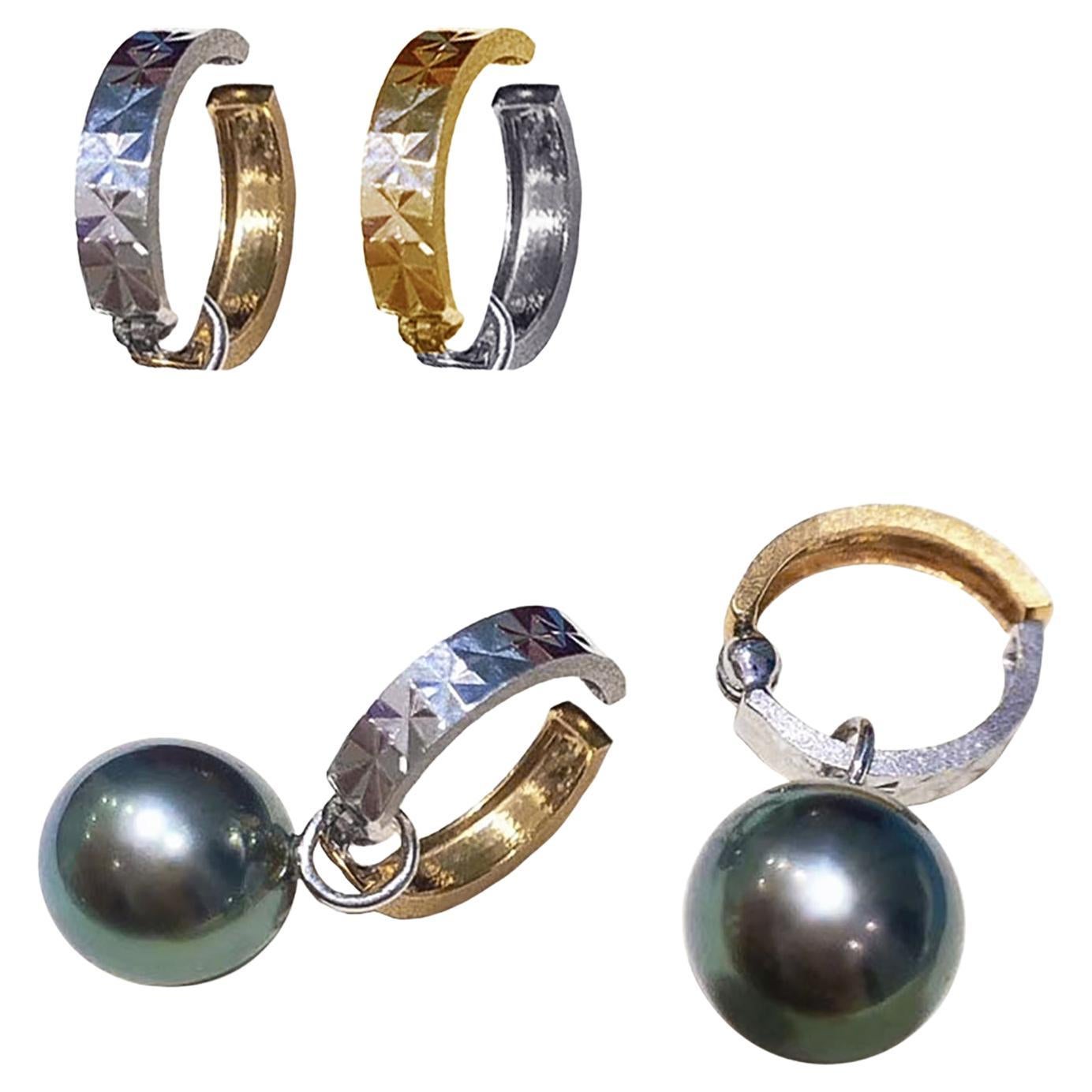 【Geometria scolpita】 Orecchini a cerchio con perle di Tahiti 2 in 1 Duo-Tone AAAA in vendita