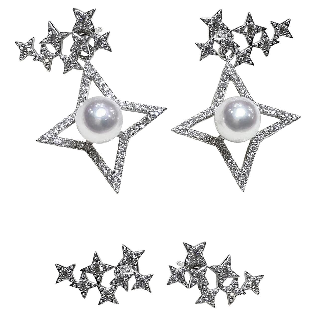 【Sculpted Geometry】Convertible Celestial Starburst Akoya Pearl Diamond Earrings For Sale