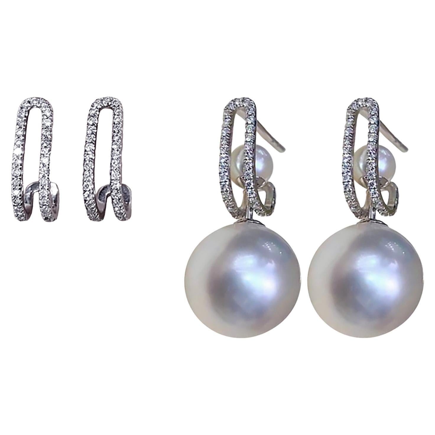 Geometria scolpita】 Orecchini convertibili con diamanti e perle dei mari del Sud