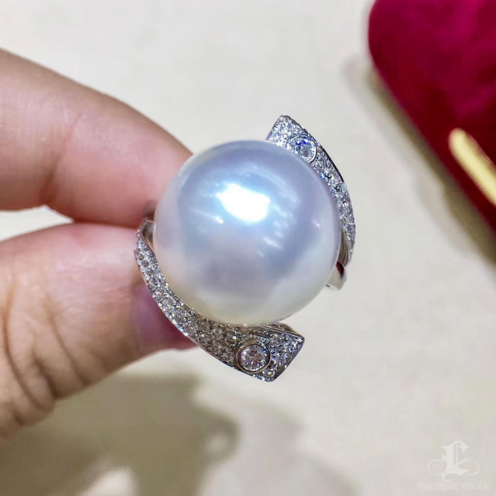 Donna Anello con diamante e perla dei mari del Sud, oro bianco 18k in vendita