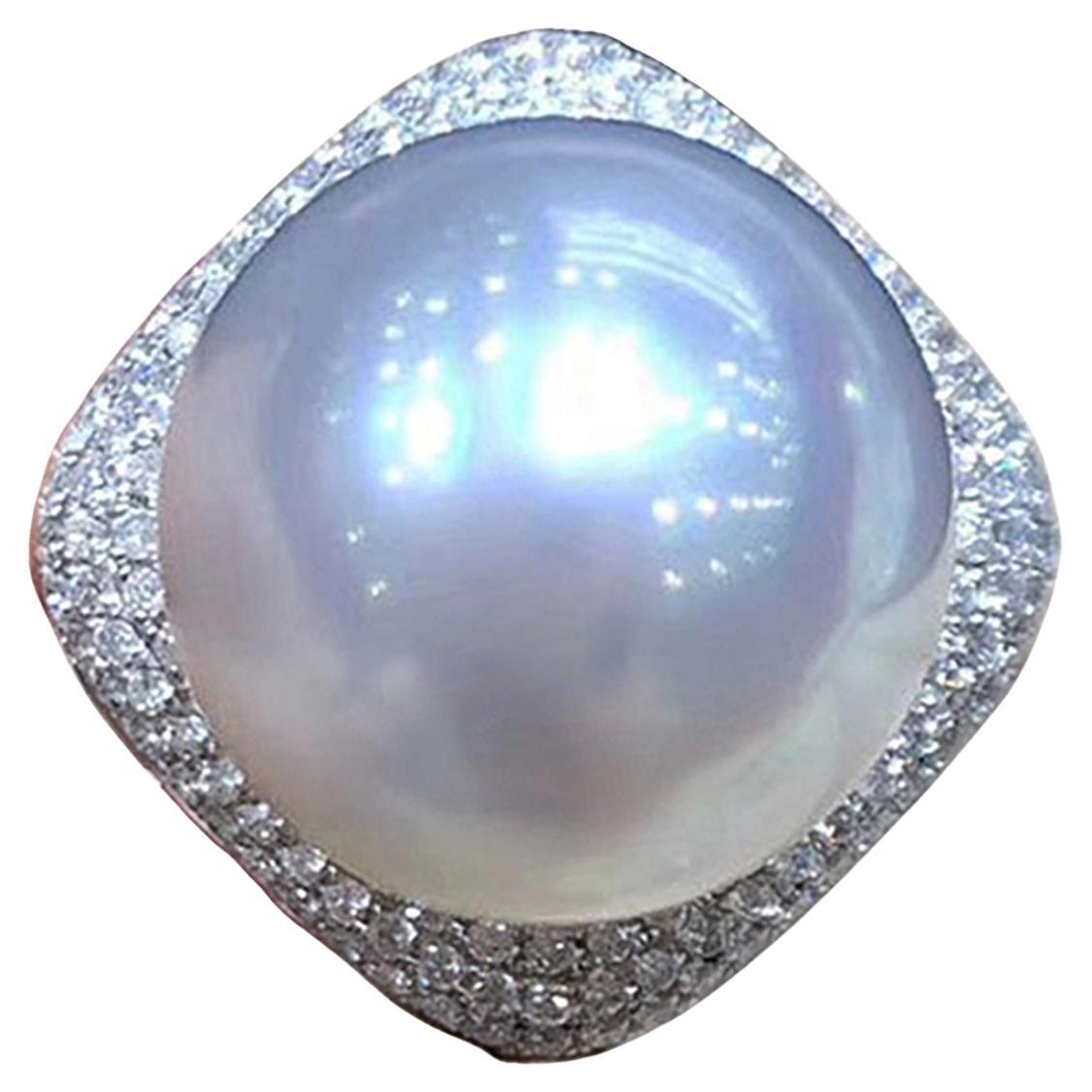 【Geometria scolpita】 Anello con diamante e perla dei mari del sud, oro bianco 18k