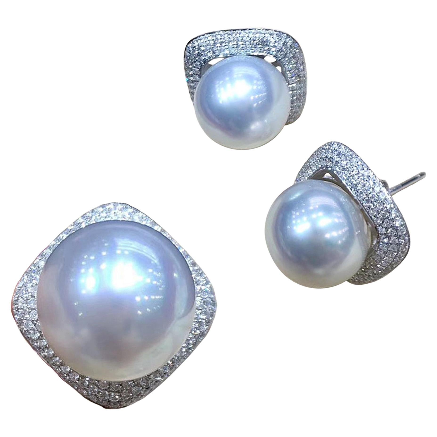 【Sculpted Geometry】Diamond Halo Aurora South Sea Pearl Earrings and Ring Set