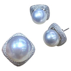 【Sculpted Geometry】Diamond Halo Aurora South Sea Pearl Earrings and Ring Set